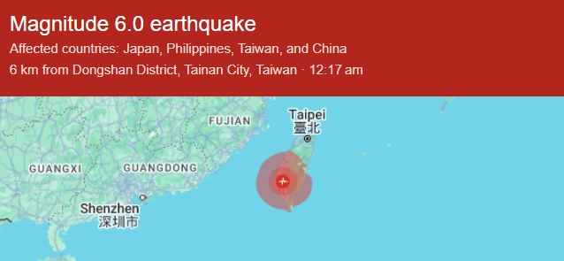 Magnitude 6 Earthquake Shakes Taiwan